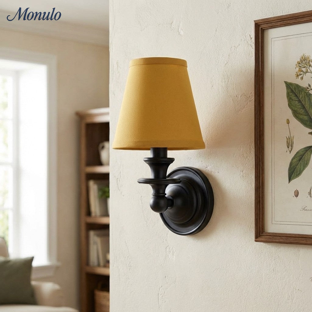Wandlamp met stoffen kap en zwanenhalsarm - smeedijzeren armatuur met verstelbare leeslamp