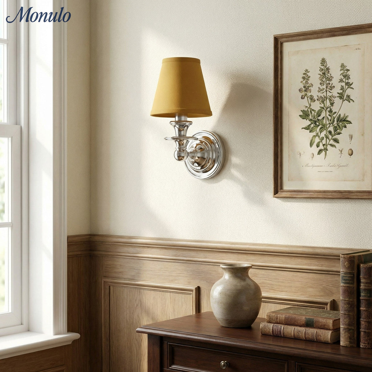 Wandlamp met stoffen kap en zwanenhalsarm - smeedijzeren armatuur met verstelbare leeslamp