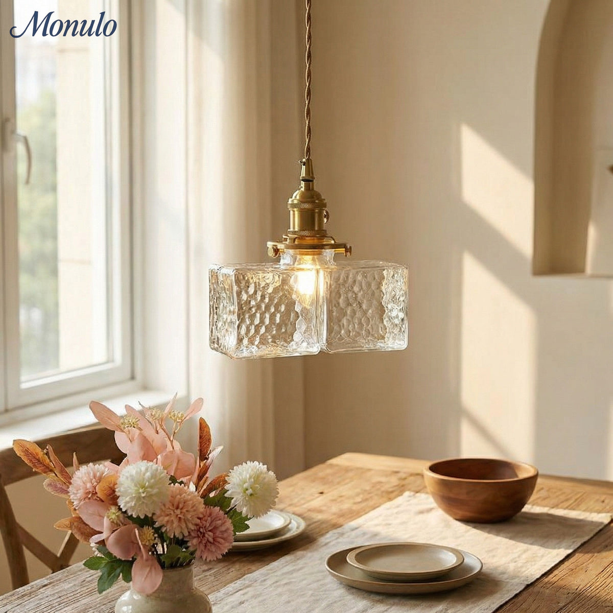 Vintage Hanglamp met Gegolfd Glas & IJzeren Armatuur - Vierkant/Rechthoekig - Scandinavisch Design voor Woonkamer