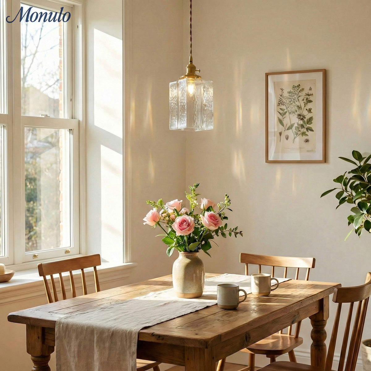 Vintage Hanglamp met Gegolfd Glas & IJzeren Armatuur - Vierkant/Rechthoekig - Scandinavisch Design voor Woonkamer