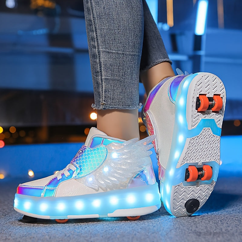 Lichtgevende Rolschaats Sneakers met Vleugels - USB Oplaadbaar voor Meisjes en Tieners