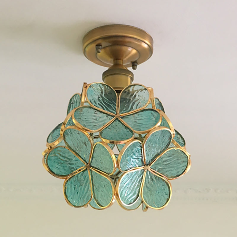 Glazen Plafondlamp met Bloemmotief - Vintage Glas-in-Lood Stijl - 8 inch - Roze/Blauw/Groen/Helder - Retro Semi-Flush Plafondverlichting voor Hal en Gang