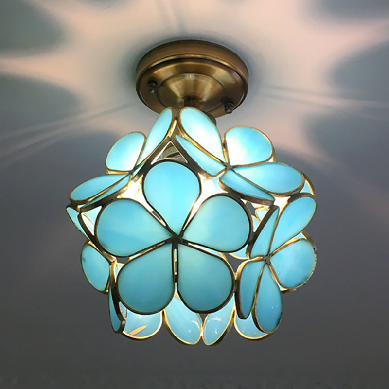 Glazen Plafondlamp met Bloemmotief - Vintage Glas-in-Lood Stijl - 8 inch - Roze/Blauw/Groen/Helder - Retro Semi-Flush Plafondverlichting voor Hal en Gang