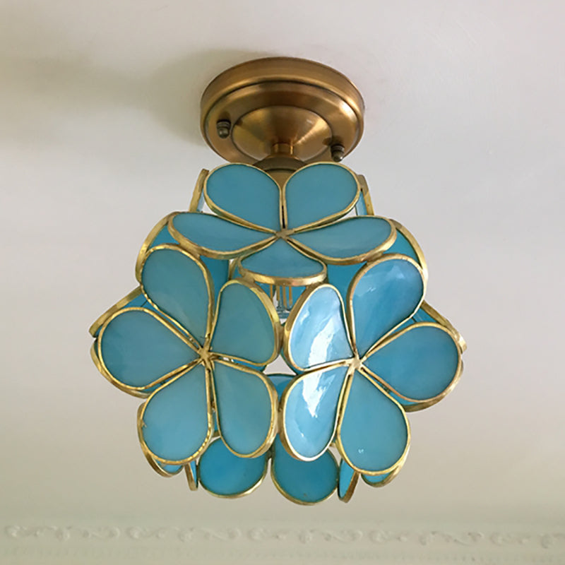 Glazen Plafondlamp met Bloemmotief - Vintage Glas-in-Lood Stijl - 8 inch - Roze/Blauw/Groen/Helder - Retro Semi-Flush Plafondverlichting voor Hal en Gang