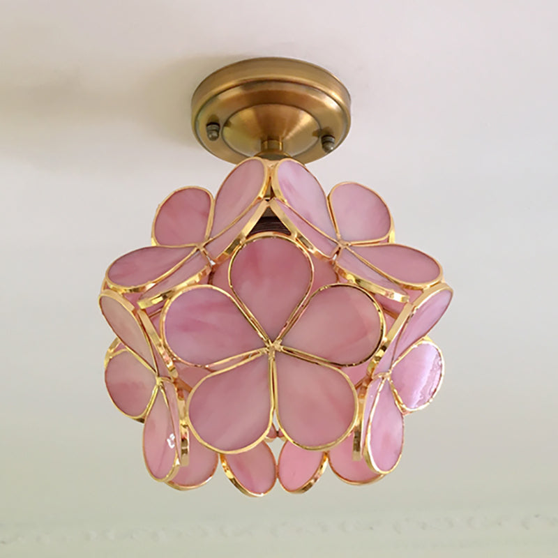 Glazen Plafondlamp met Bloemmotief - Vintage Glas-in-Lood Stijl - 8 inch - Roze/Blauw/Groen/Helder - Retro Semi-Flush Plafondverlichting voor Hal en Gang