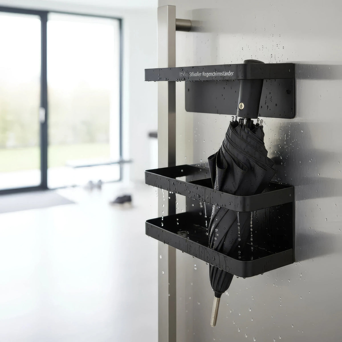 Compacte Parapluhouder Wandmontage Zwart IJzer met Lekbak voor Hal - Ruimtebesparend & Praktisch