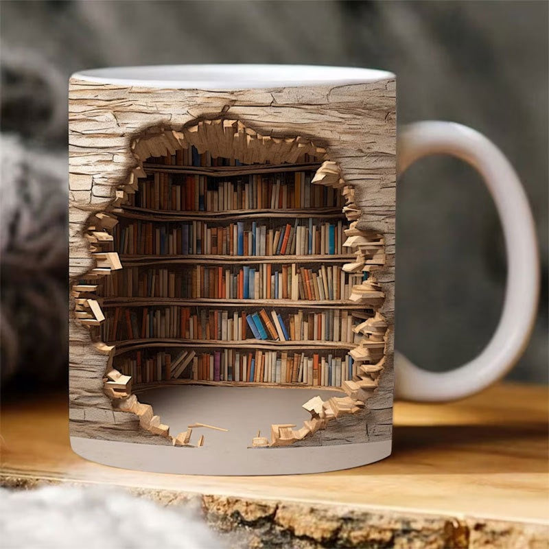 Keramische Mok met 3D-Boekenplankdesign - Gezellige Mokken voor Boekenliefhebbers
