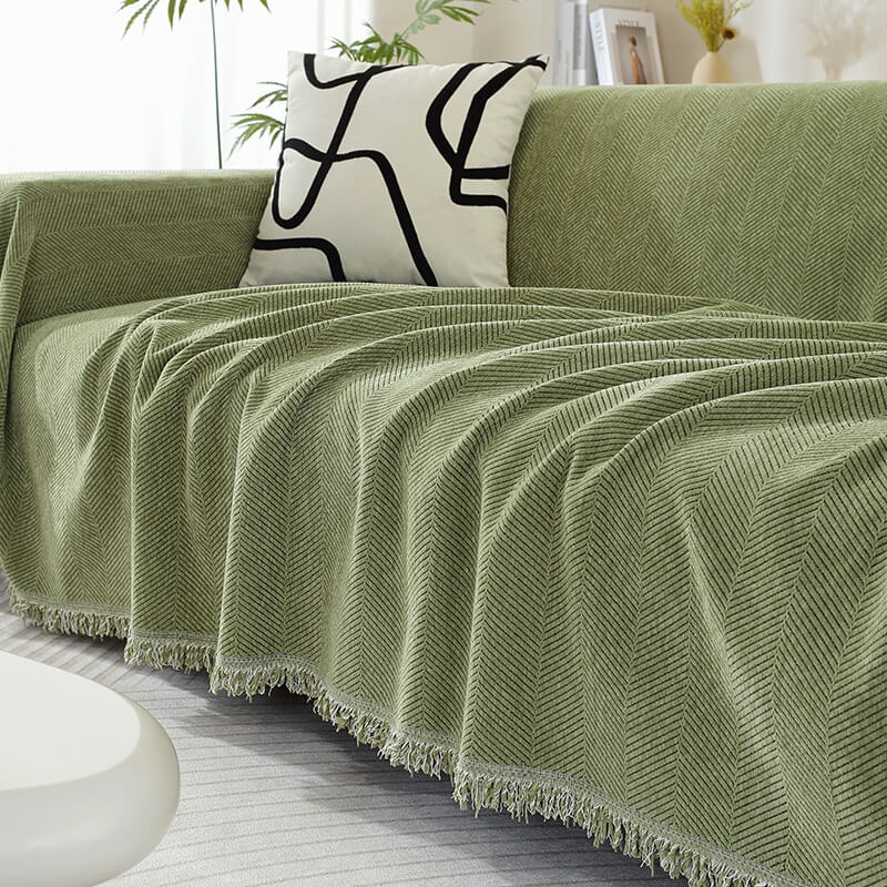 Chenille Plaid met Visgraatpatroon en Kwasten - Zachte Bankdeken 180x130cm - Decoratief Woonkleed voor Sofa