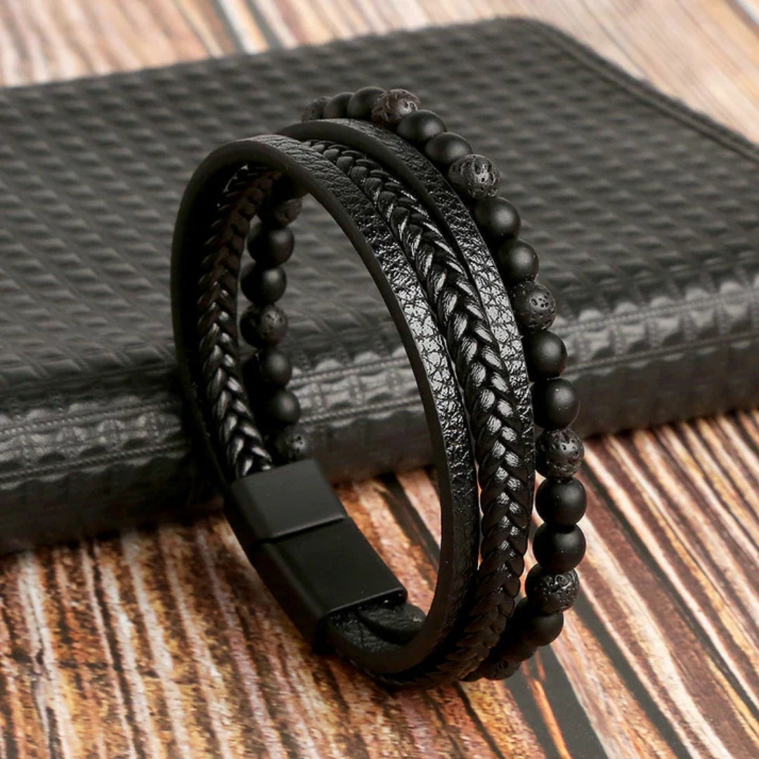 Gevlochten Heren Armband met Magnetische Sluiting Meerrijig Kralendetails Zwart Bruin Blauw Casual Formeel
