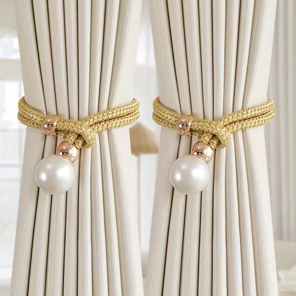Decoratieve Gordijnomarmers met Parelaccent - Set van 2 Stuks - Verstelbare Touwhouders voor Woonkamer Slaapkamer - Elegante Raamversiering