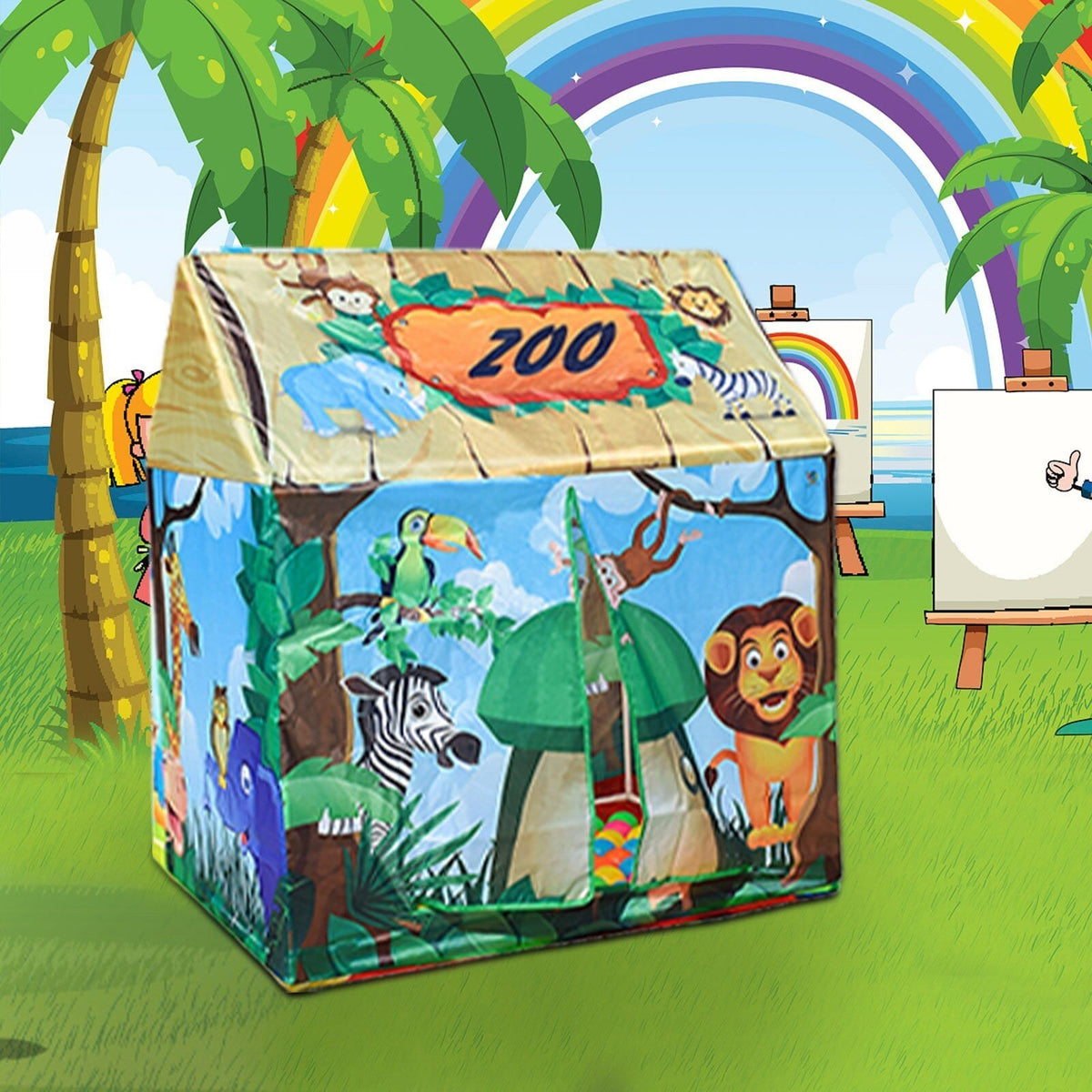 Dierentuin Speeltent voor Kinderen 93x70x103 cm Opvouwbaar Speelhuis Indoor Outdoor Jungle Safari Thema