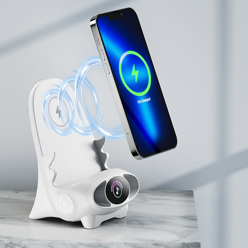 Draadloze Telefoonlader met Stoelvorm Houder Geluidversterker Standaard Functie Smartphone Opladen Bureaustandaard