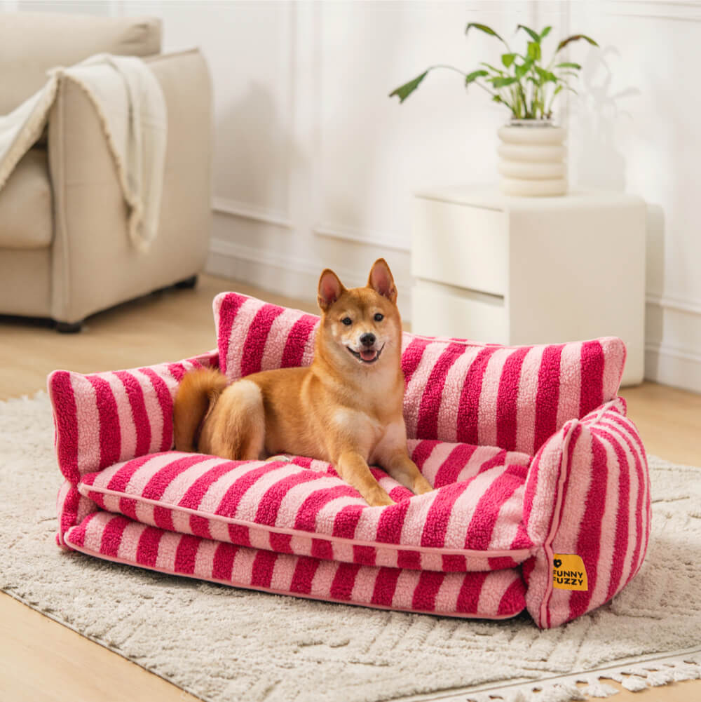 Gestreepte Pluche Hondenbed Tweelaags Kunstlam Warm Afneembaar Beige Roze Zwart M L XL 2XL Huisdier Comfort
