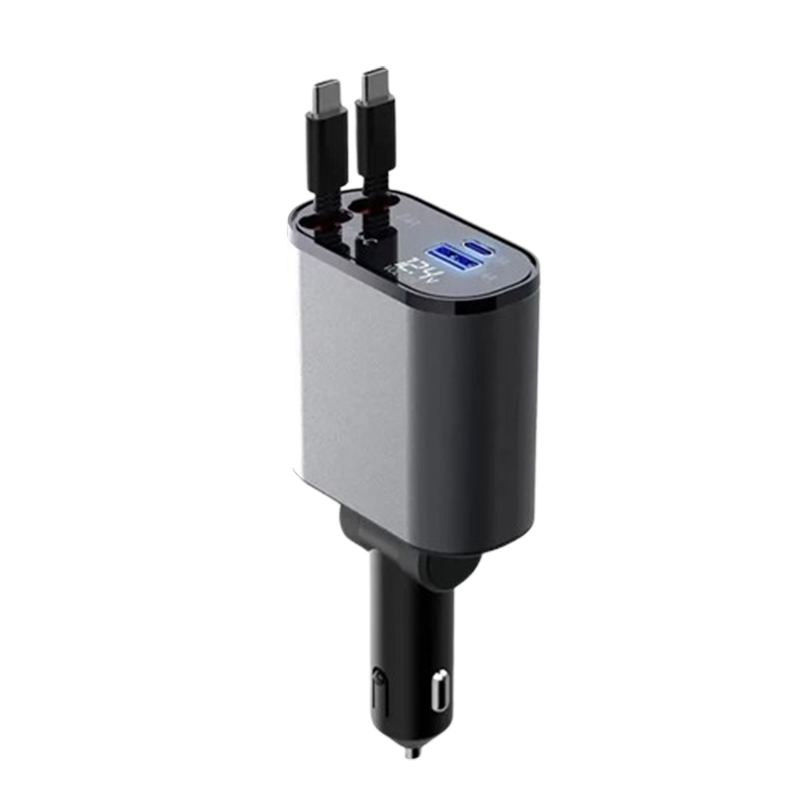 Auto Snellader Intrekbare Kabel 4-in-1 Type-C Lightning Micro-USB Sigarettenaansteker Oplader 12V 24V Auto