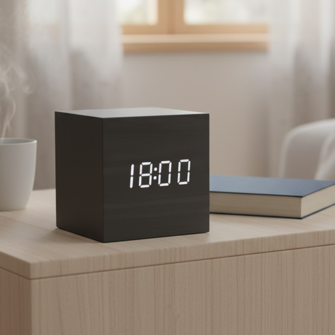 Digitale Wekker met LED-Lichtsensor en Stemactivatie - Compacte Kubusvorm met Multifunctioneel Display