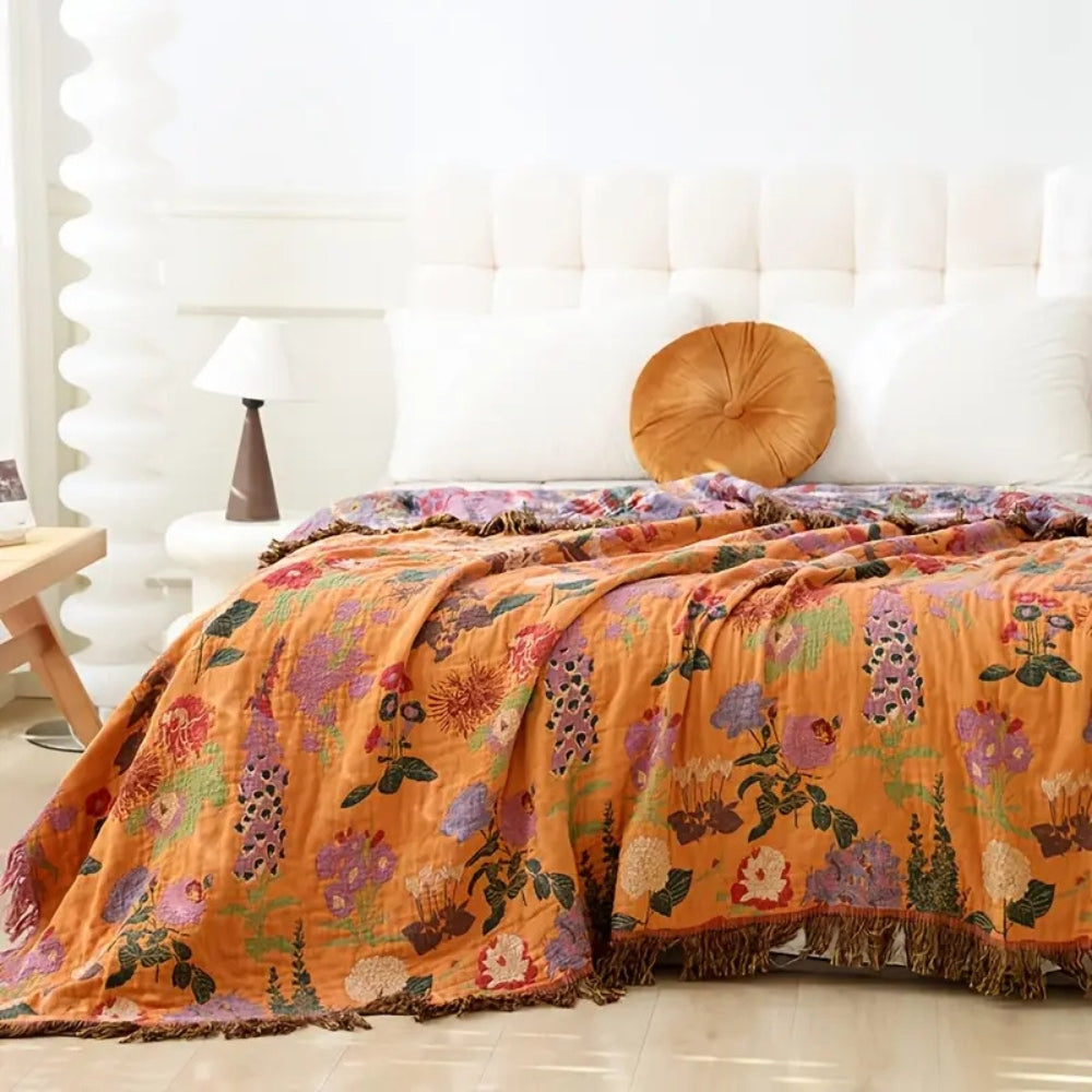 Botanische Katoenen Plaid met Kwasten - Gebloemde Jacquardweving Omkeerbaar Bedsprei Bankkleed Fauteuil Deken voor Alle Seizoenen