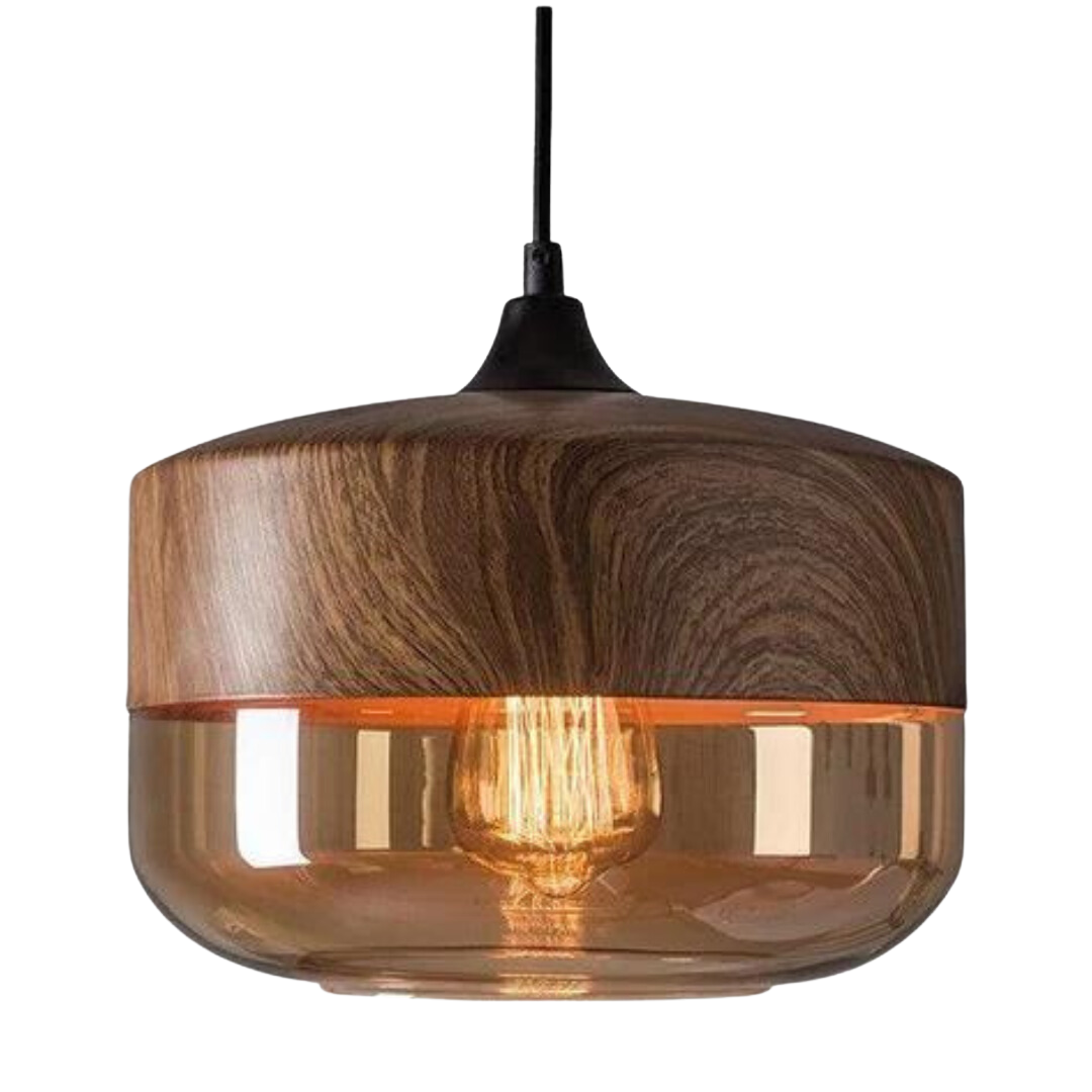 Scandinavische Hanglamp van Glas met Houtlook - Warme Designverlichting voor Woonkamer & Eetkamer