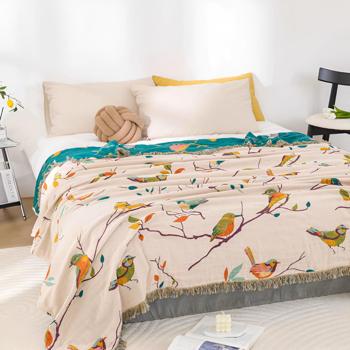 Katoenen Plaid met Vogelmotief en Kwastjes - Vintage Boho Stijl Deken voor Bank, Bed of Picknick
