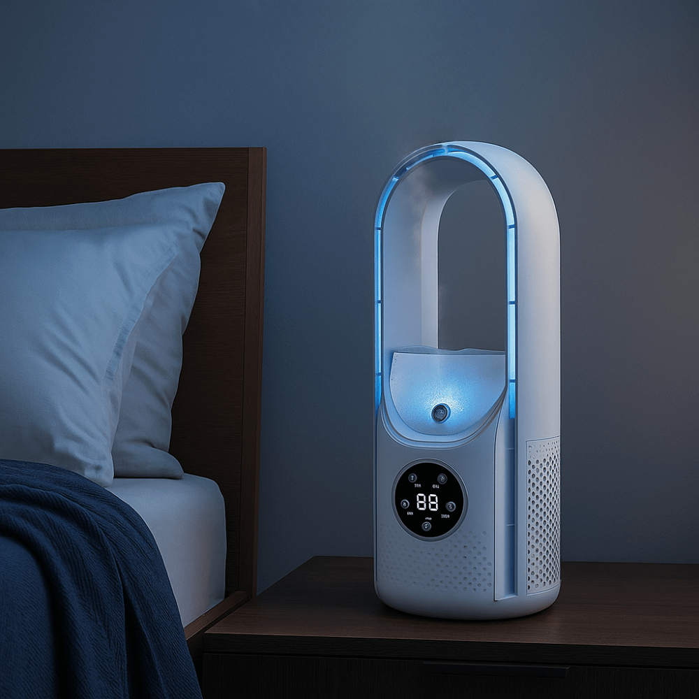 Bladloze Ventilator Draadloos Oplaadbaar Stil Nachtkastje Slaapkamer Wit Blauw 30,5cm