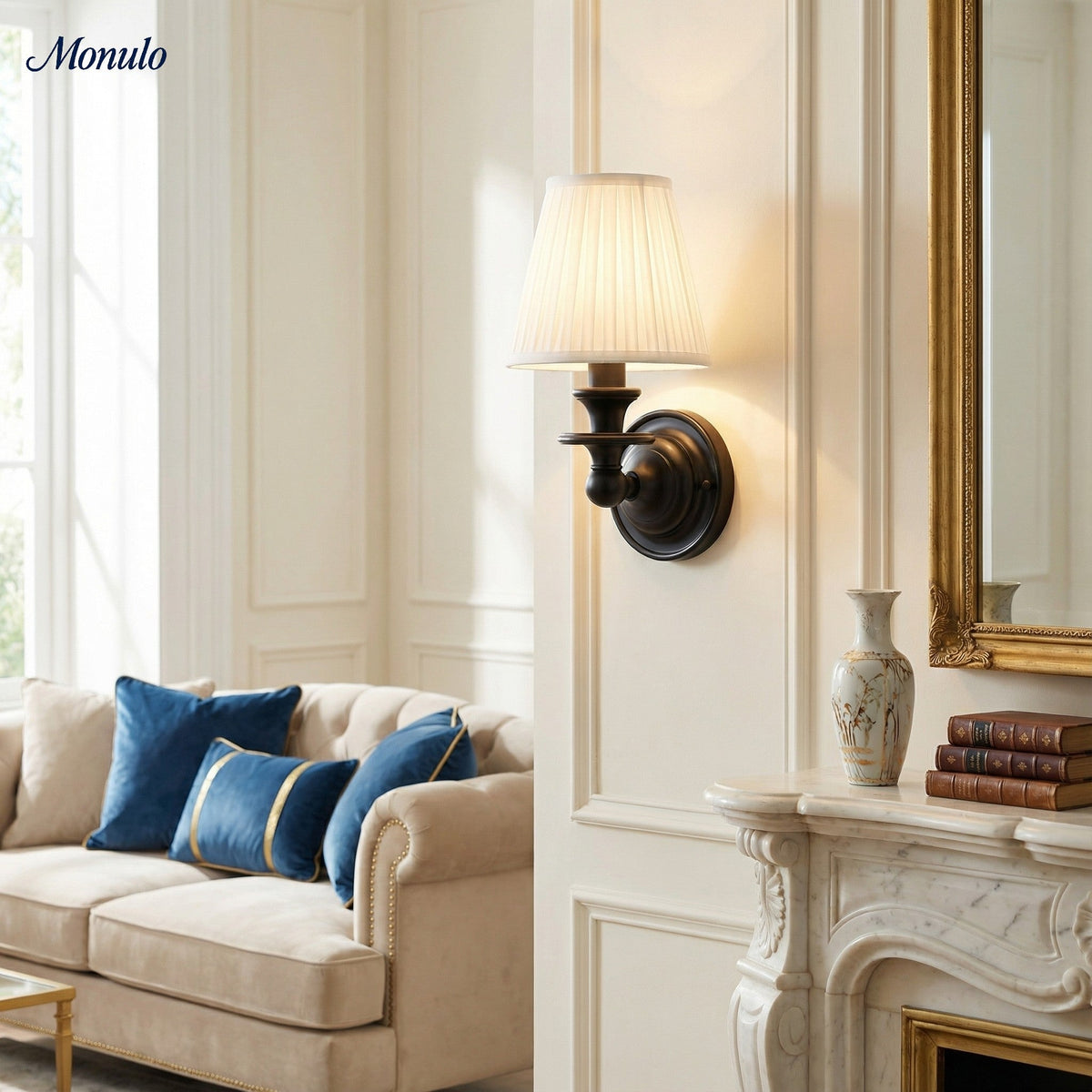 Wandlamp met stoffen kap en zwanenhalsarm - smeedijzeren armatuur met verstelbare leeslamp