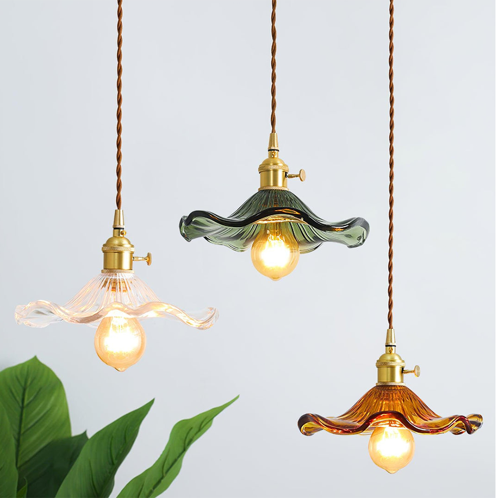 Selene Glazen Hanglamp - Hibiscusbloem Design Messing Glas - Hangende Verlichting Eetkamer Woonkamer Slaapkamer - E27 Fitting 23-33cm