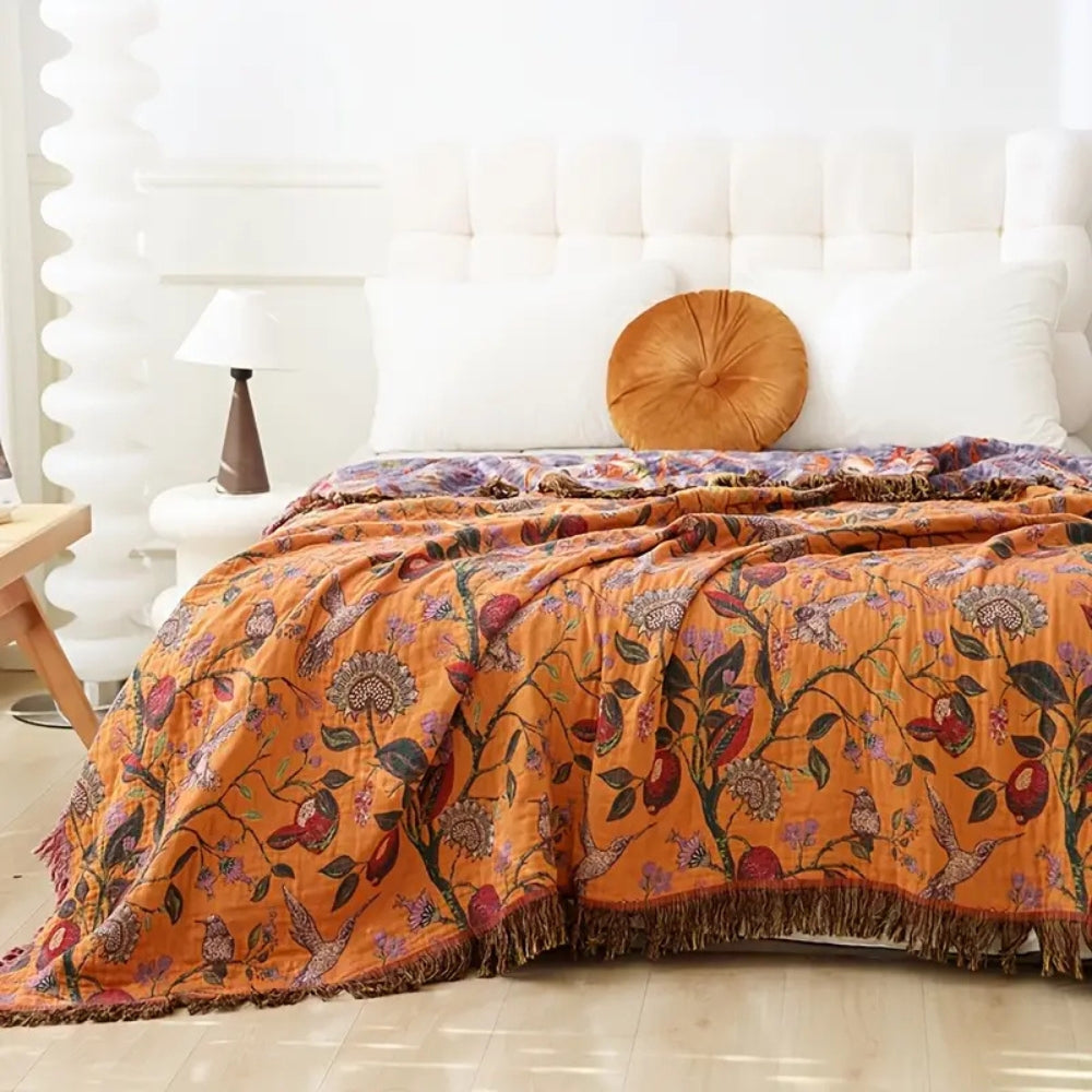 Botanische Katoenen Plaid met Kwasten - Gebloemde Jacquardweving Omkeerbaar Bedsprei Bankkleed Fauteuil Deken voor Alle Seizoenen