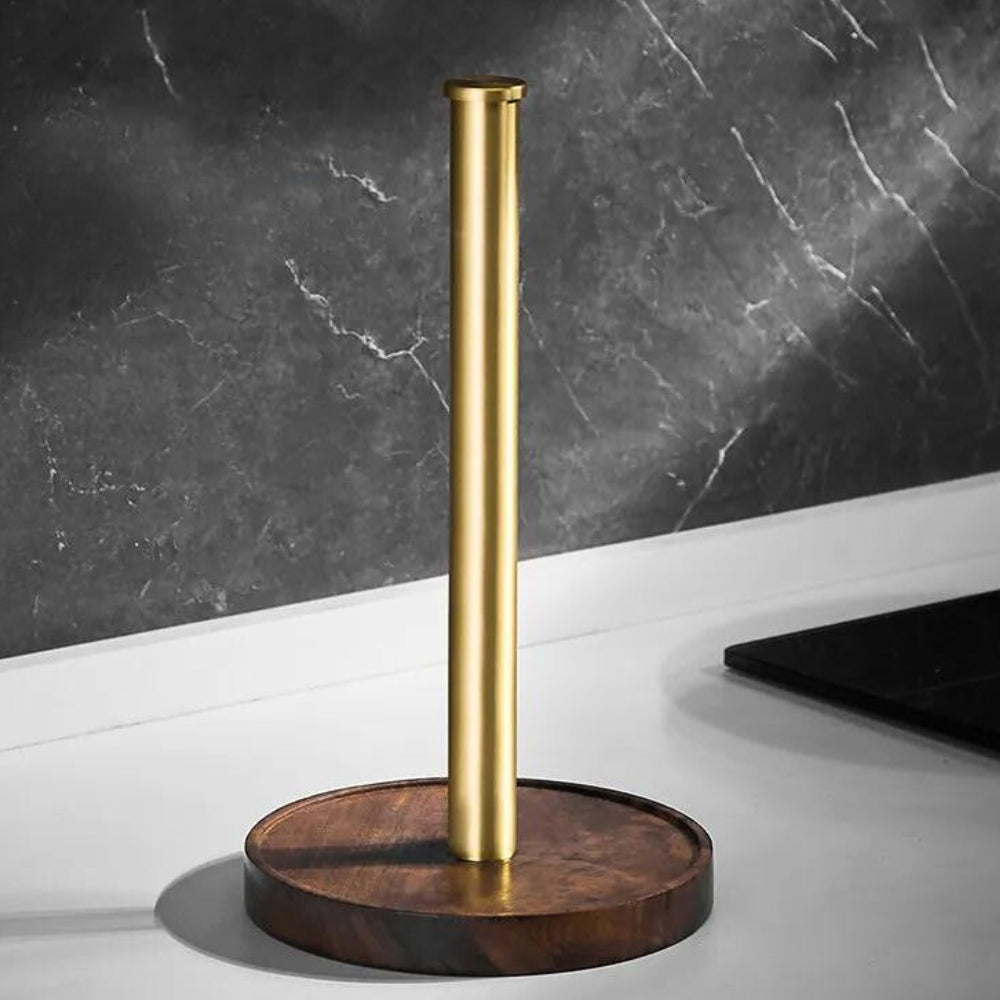 Keukenrolhouder Walnoot Hout Goud RVS 27cm Aanrecht | Keukenpapier Houder Staand Luxe Keuken