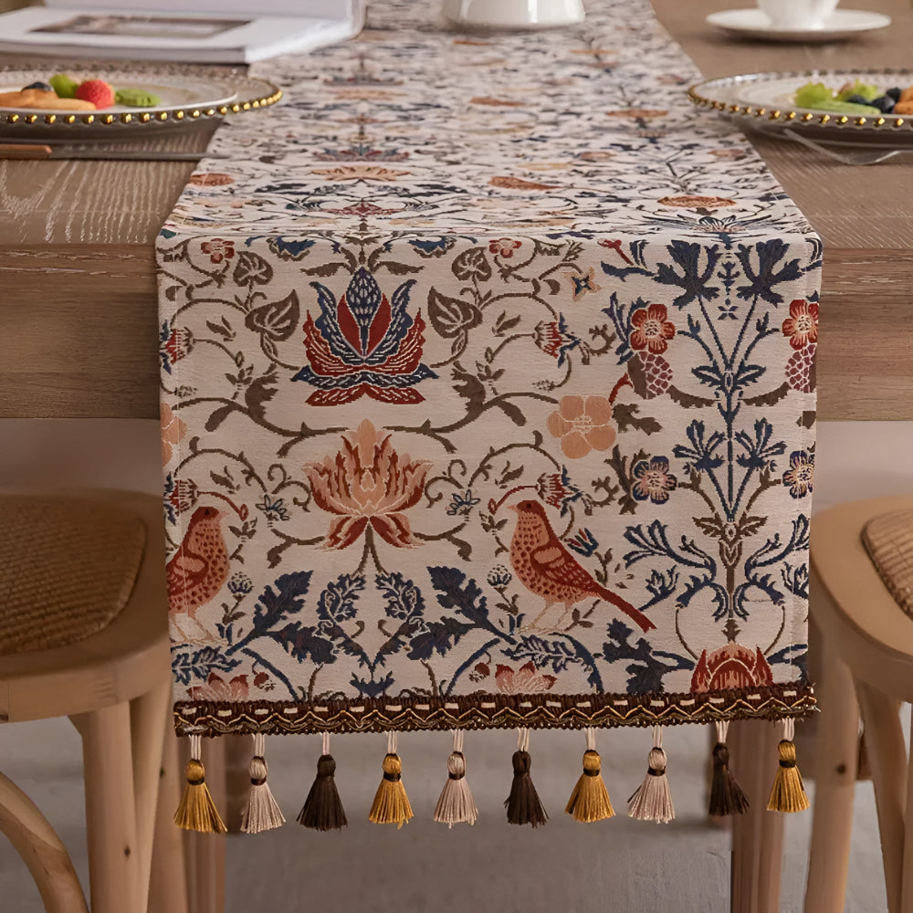 Vintage Jacquard Tafelloper met Vogel & Bloemmotief - Landelijke Elegantie met Kwastjes