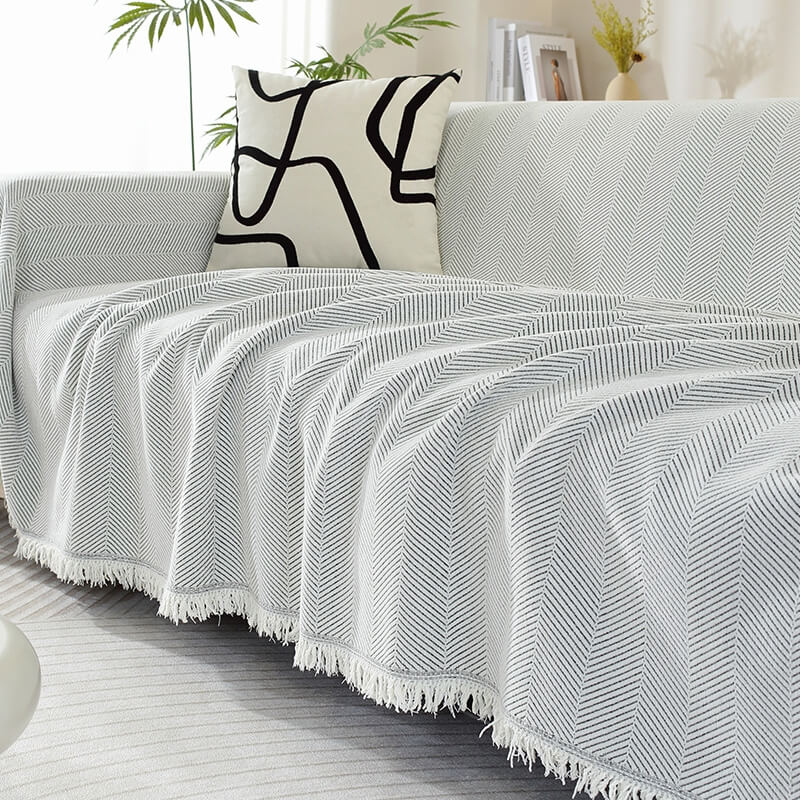 Chenille Plaid met Visgraatpatroon en Kwasten - Zachte Bankdeken 180x130cm - Decoratief Woonkleed voor Sofa