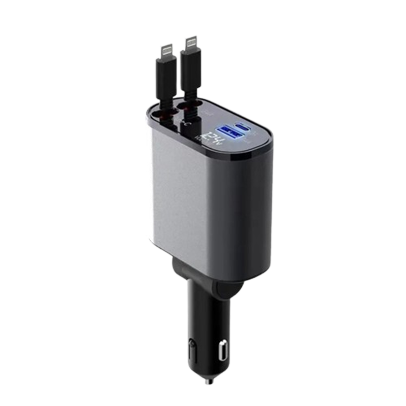 Auto Snellader Intrekbare Kabel 4-in-1 Type-C Lightning Micro-USB Sigarettenaansteker Oplader 12V 24V Auto