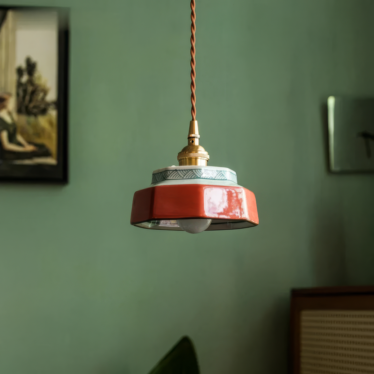 Handgeschilderde Keramische Hanglamp - Scandinavische Stijl met Koperen Fitting