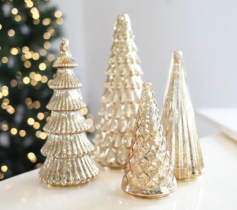 Verlichte Kerstbomen Set 5 Stuks LED Warm Wit Timer Glazen Look Feestelijke Kerstdecoratie Goud Zilver Sfeer