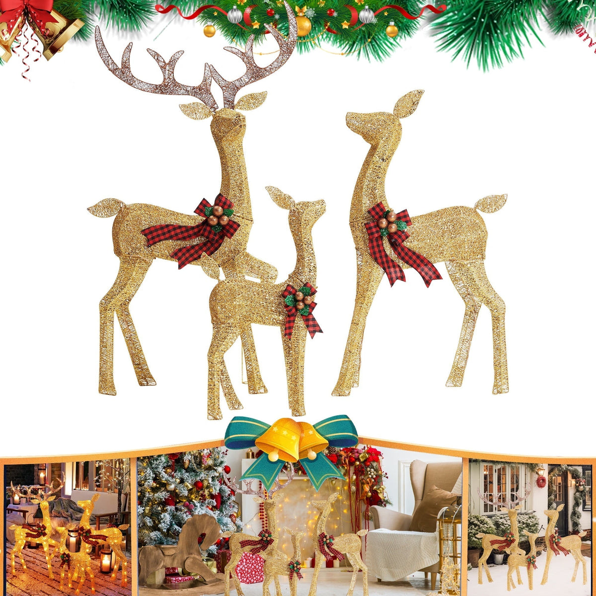 Verlichte Rendierenfamilie LED Tuindecoratie Set Waterdicht Kerst Buitenverlichting 3-delig Warm Wit
