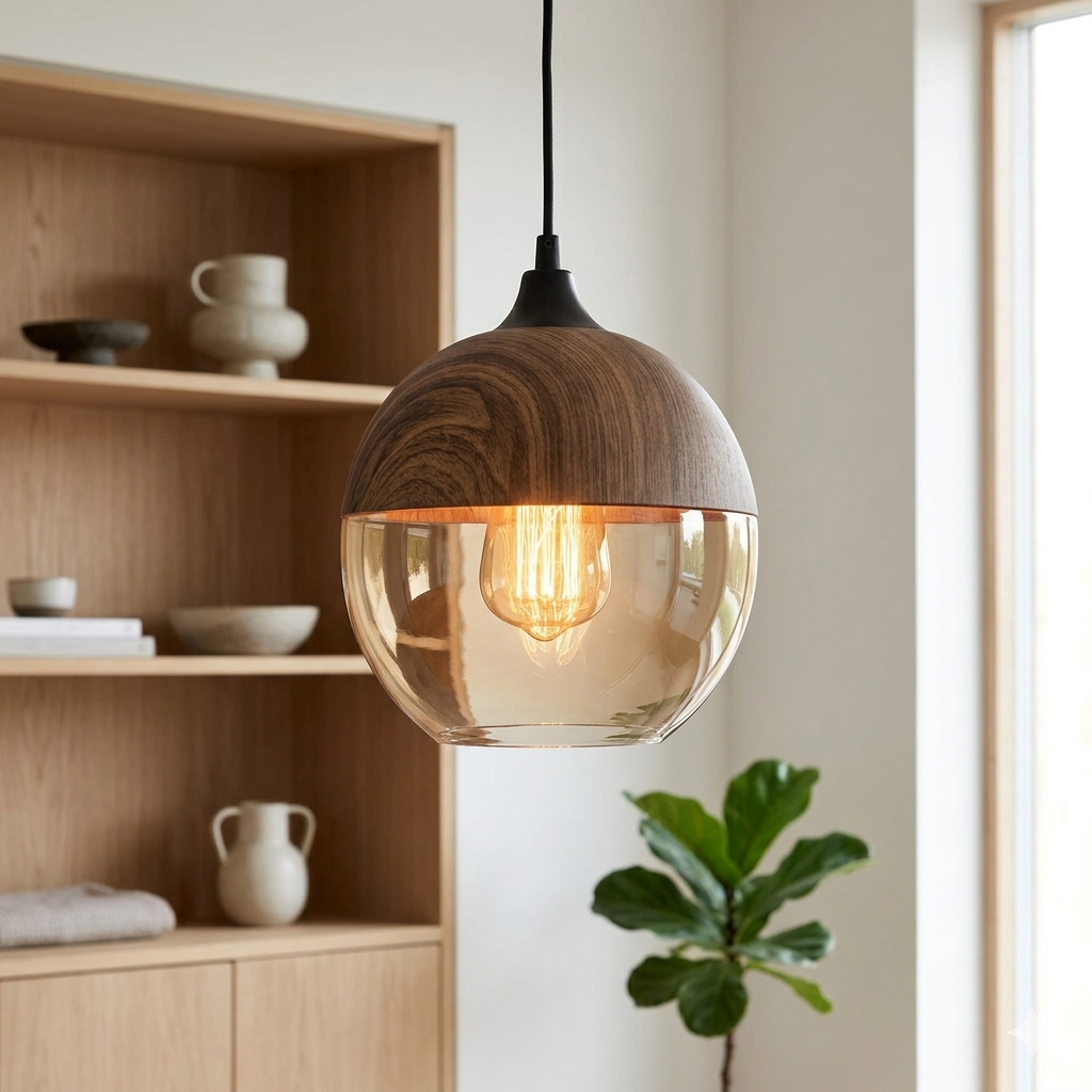 Scandinavische Hanglamp van Glas met Houtlook - Warme Designverlichting voor Woonkamer & Eetkamer