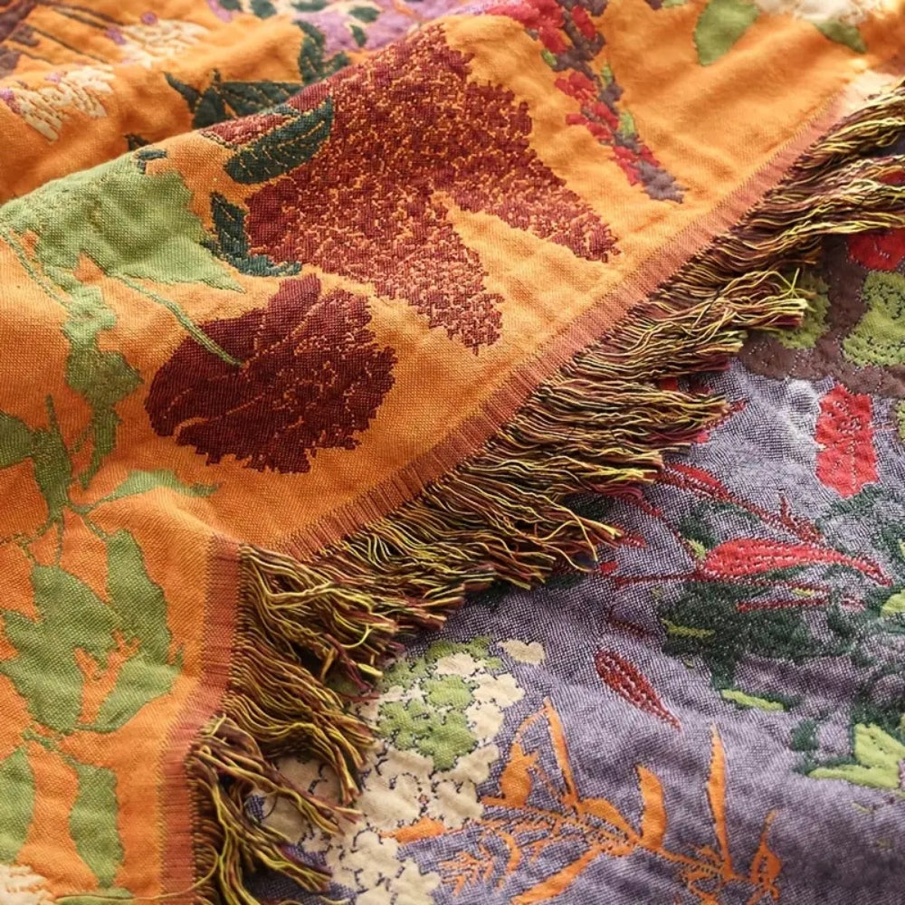 Botanische Katoenen Plaid met Kwasten - Gebloemde Jacquardweving Omkeerbaar Bedsprei Bankkleed Fauteuil Deken voor Alle Seizoenen