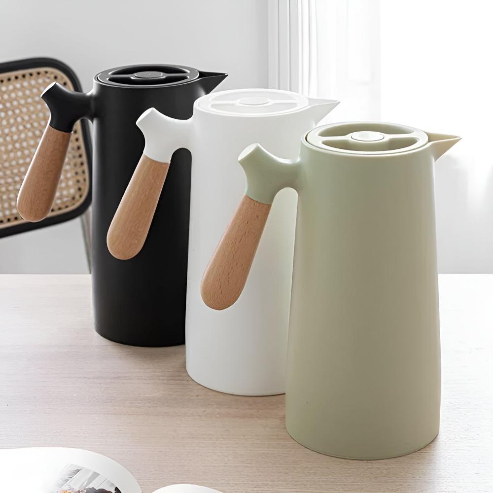 Geïsoleerde Karaf 1 Liter Houten Handvat Dubbelwandig Koffiekaraf Thermos Scandinavisch Design Groen Wit Zwart Rood Bruin