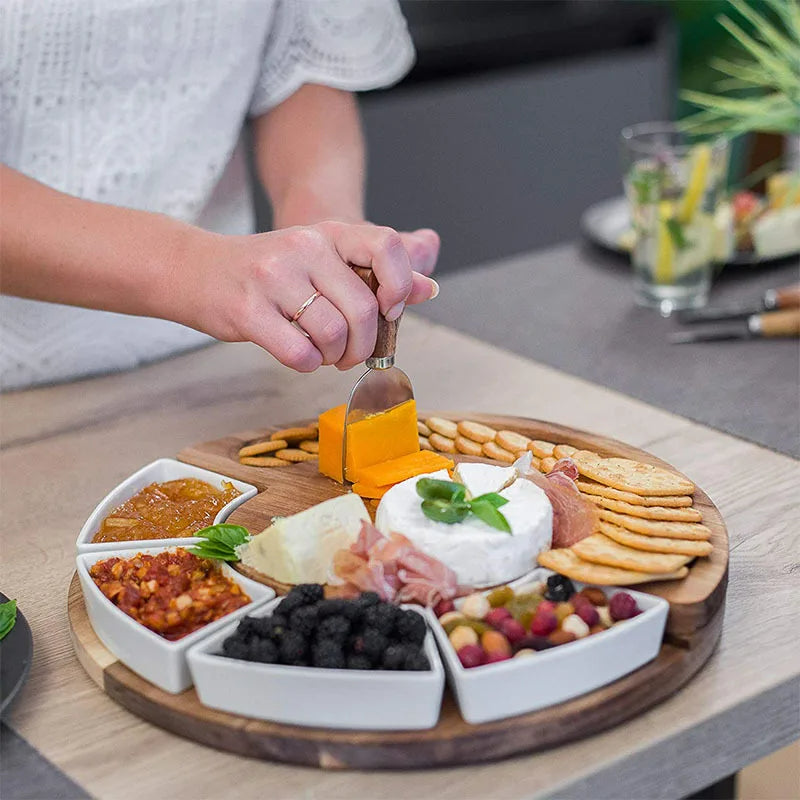 Kaasplank Set Acacia Hout 33cm Rond met Keramische Kommen en Messen Charcuterie Borrelplank Serveerplank
