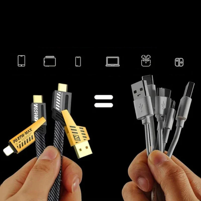 Universele Oplaadkabel 4-in-1 USB-C Lightning 65W Snelladen Nylon Gevlochten 1 Meter Zwart Multifunctioneel