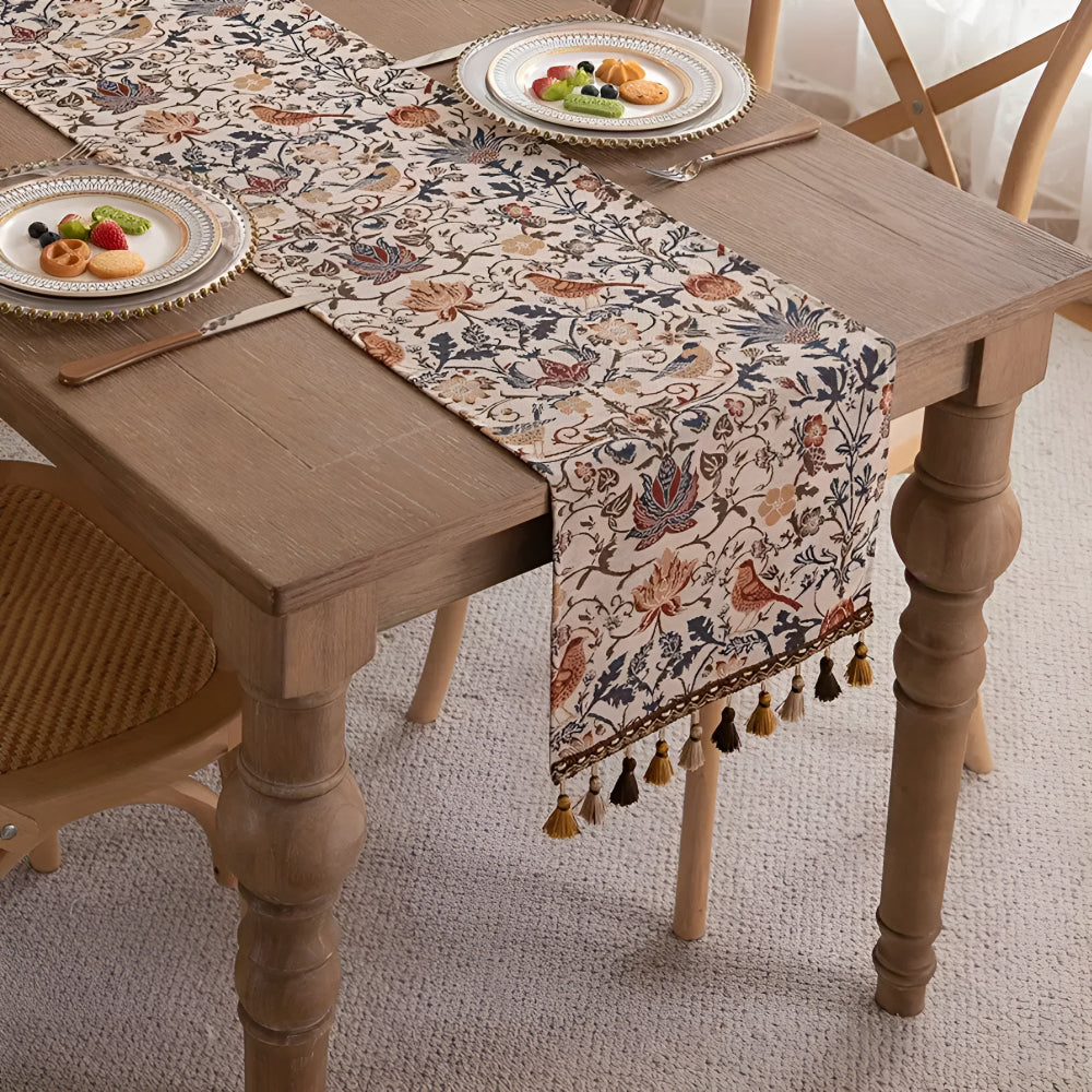 Vintage Jacquard Tafelloper met Vogel & Bloemmotief - Landelijke Elegantie met Kwastjes