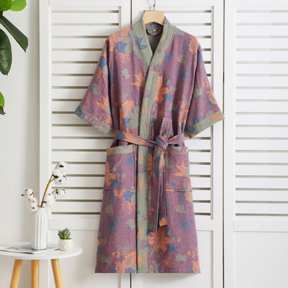 Katoenen Ochtendjas Dubbel Gaas Vintage Print Loungewear Badstof Kimono Spa Thuis Comfort Relaxen Wellness