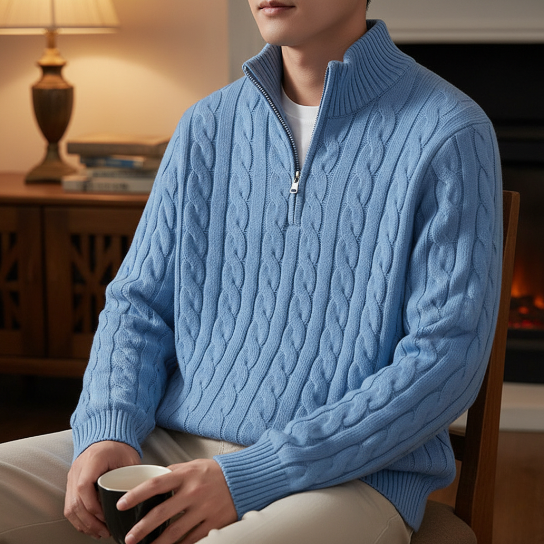 Gebreide Heren Trui Kabelpatroon Staande Kraag Ritssluiting Katoen Warm Casual Winter Navy Grijs Beige