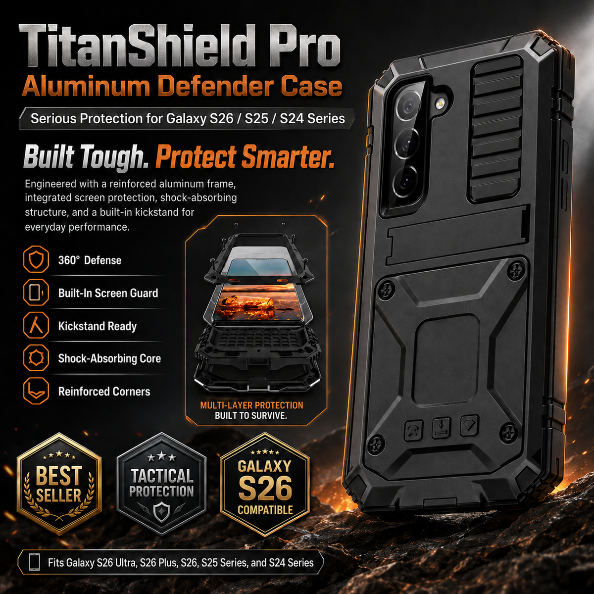 Telefoonhoesje Aluminium met Geïntegreerde Schermbescherming Standaard Beschermhoes Shockproof voor Smartphone