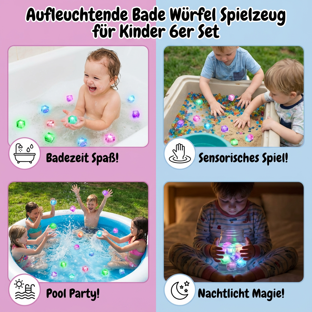 Lichtgevende Badkubus voor Kinderen 6-Delig Set - Watergeactiveerd Speelgoed