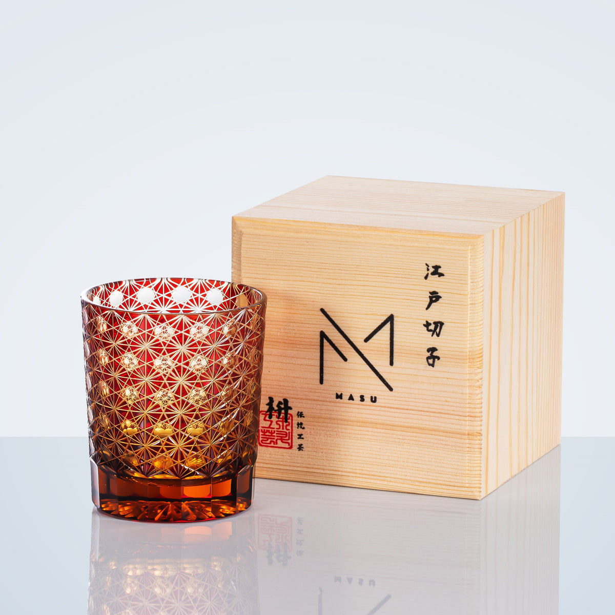 Handgeslepen Whiskeyglazen met Ster en Chrysant Patroon - Blauw Amber & Rood Amber - Inclusief Houten Doos