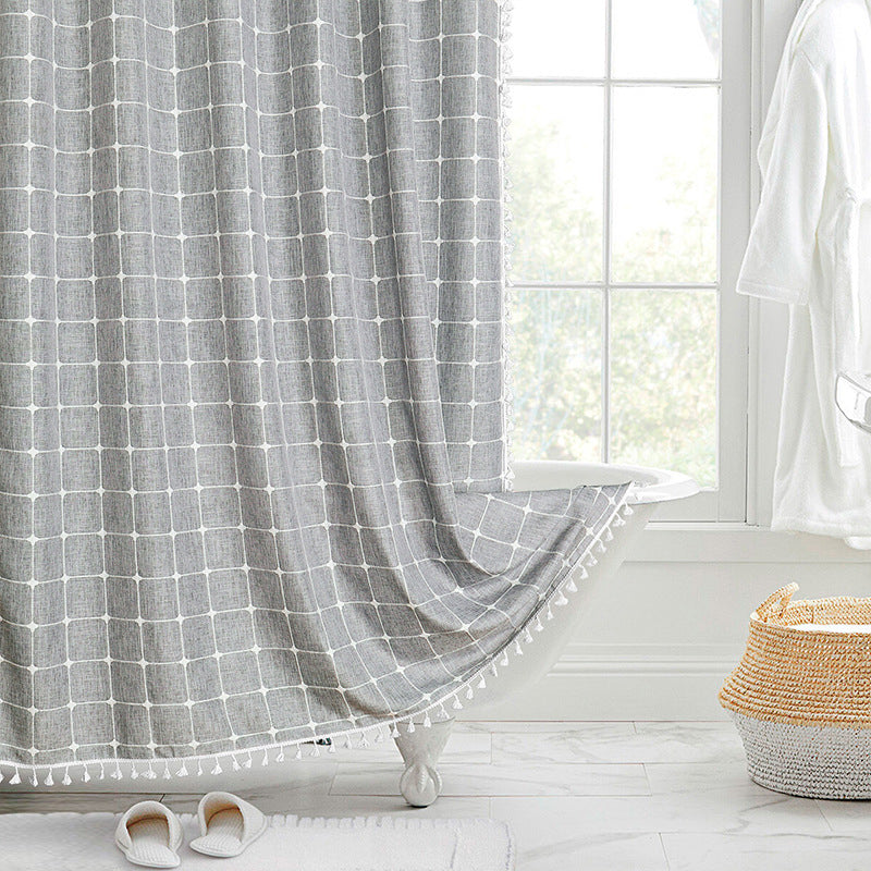 Douchegordijn Linnen Bohemian Waterproof Kwastjes 180x200cm Badkamer Beige Geruit