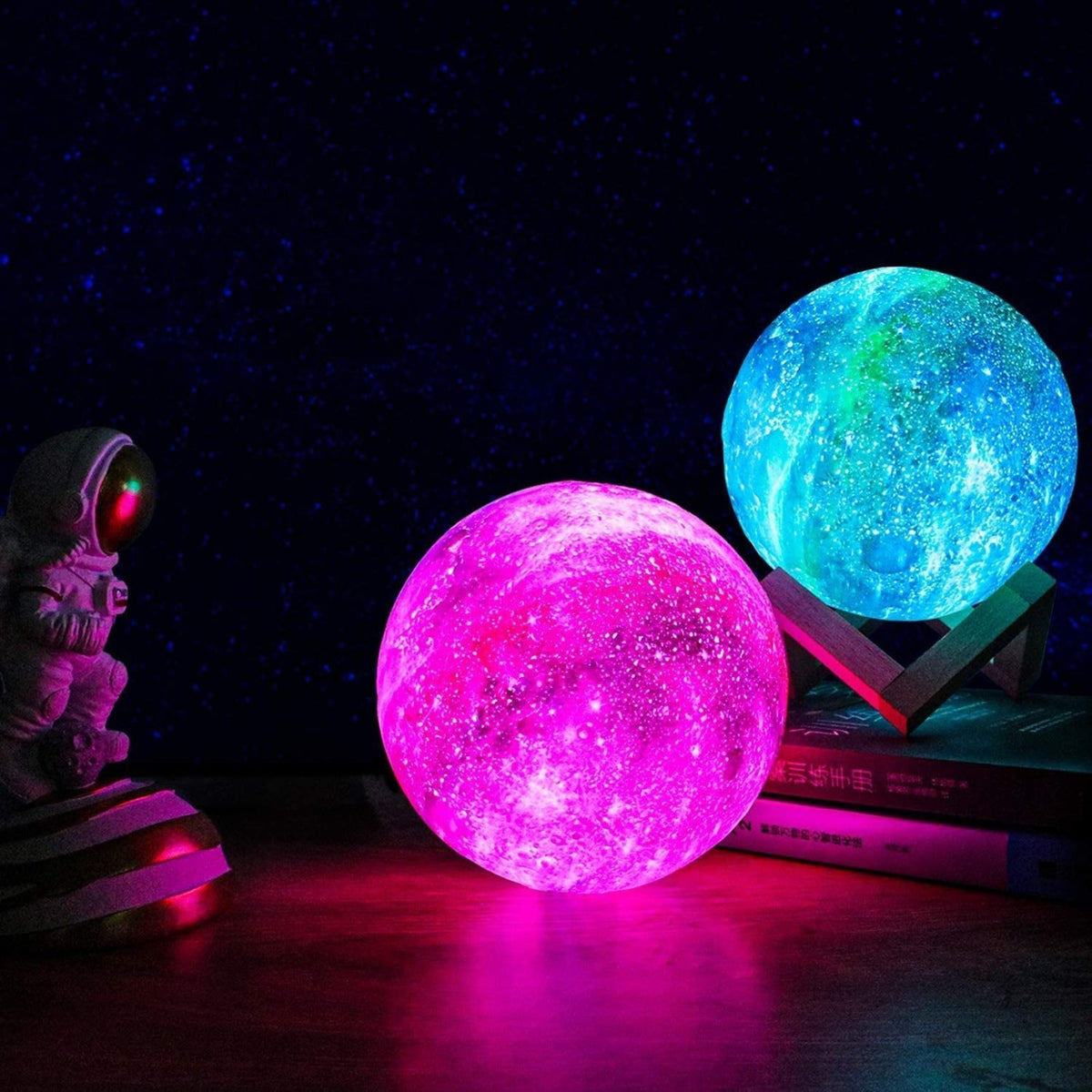 3D Galaxie Maanlamp met Houten Standaard Draadloos Dimbaar Sfeerverlichting Nachtlampje Tafelverlichting 16 Kleuren LED
