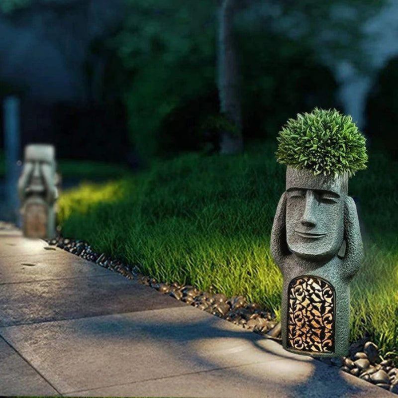 Gezichtsvaas met Zonne-energie Verlichting - Abstrakt Sculptuur Plantenbak Buiten Binnen Kunsthars 25cm