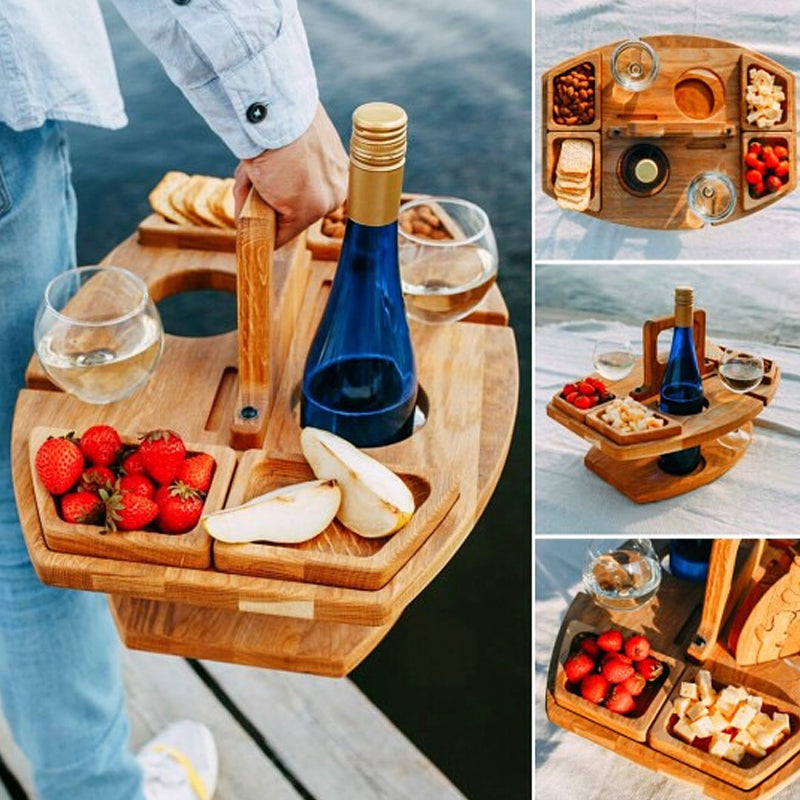 Draagbare Houten Picknicktafel met Wijnhouder & Handvat voor Buiten