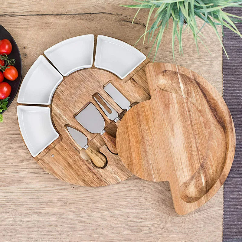 Kaasplank Set Acacia Hout 33cm Rond met Keramische Kommen en Messen Charcuterie Borrelplank Serveerplank