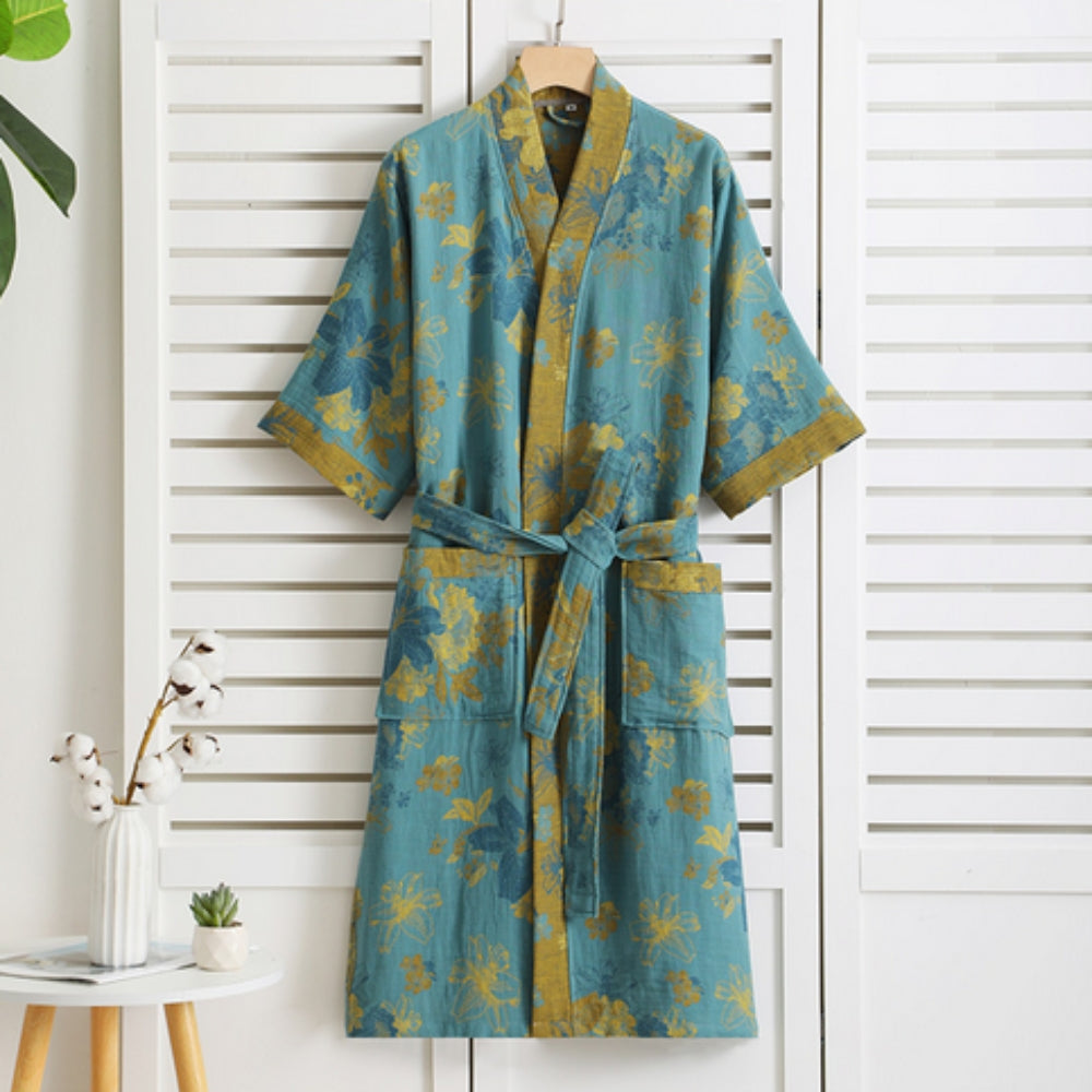 Katoenen Ochtendjas Dubbel Gaas Vintage Print Loungewear Badstof Kimono Spa Thuis Comfort Relaxen Wellness